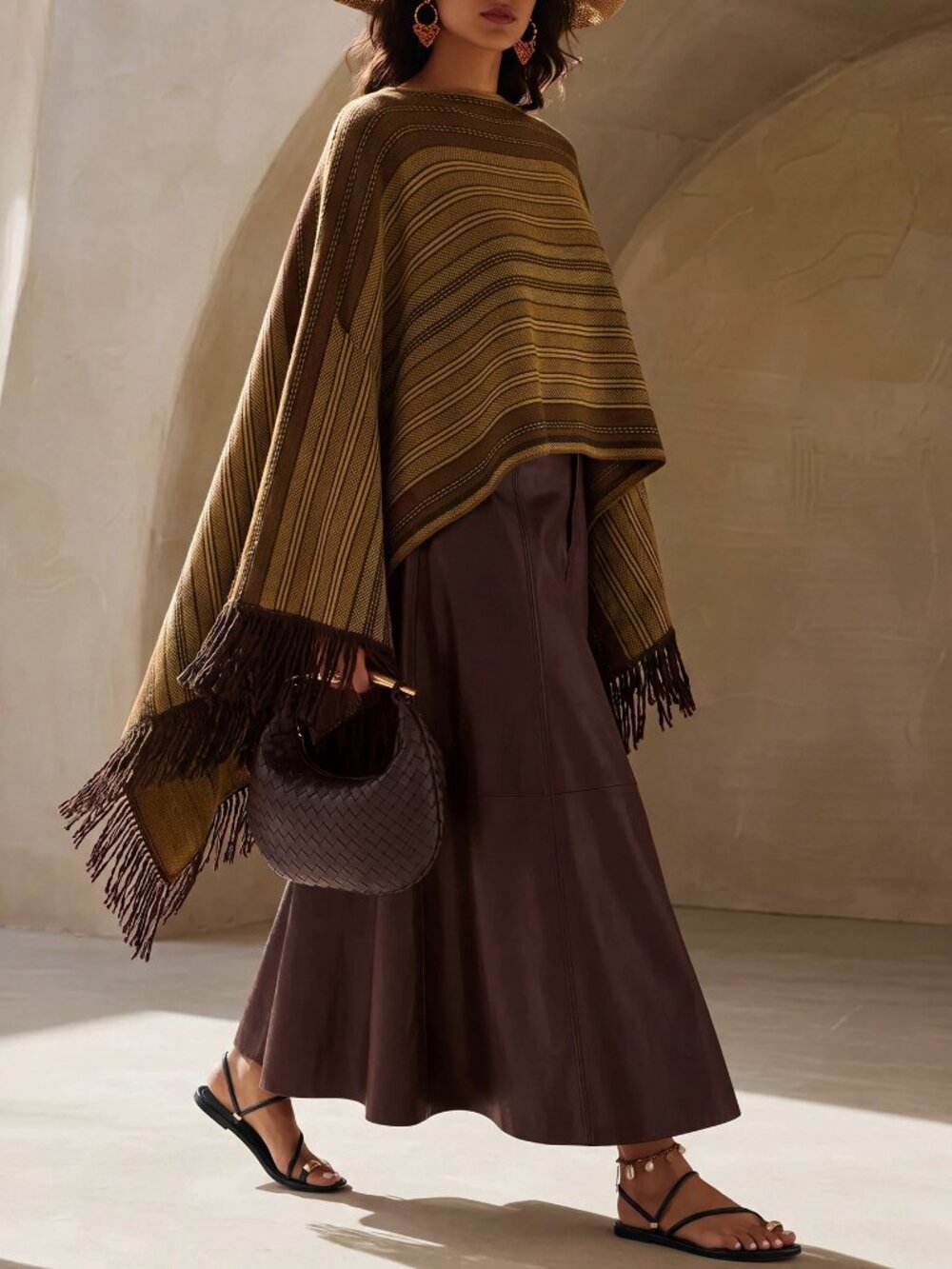 Multicolor Casual Women's Striped Patchwork Tassel Woven Cape Shawl Sweater